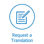 Blue on white circular icon showing a pencil and paper with text that reads Request a Translation 